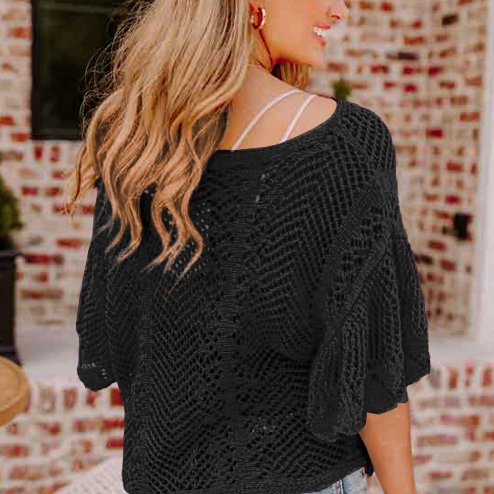 B131 Black Pointelle Knit Scallop Edge Short Sleeve Top - Picture 2 of 4